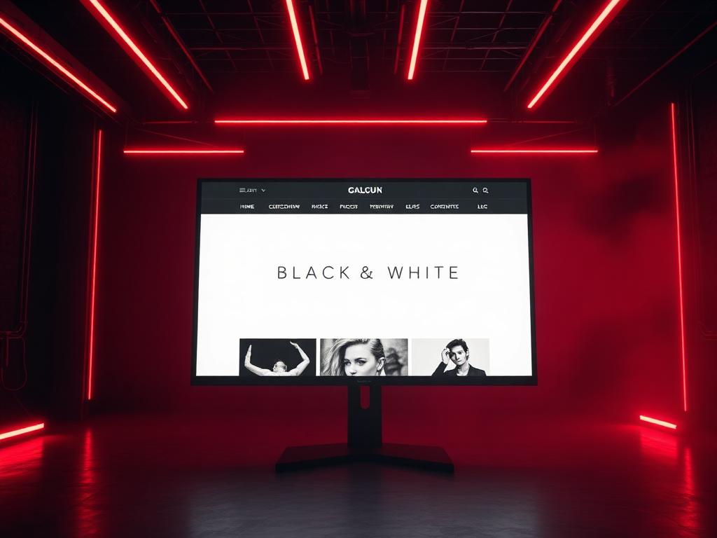 Web de Black&White en una pantalla entre neones rojos