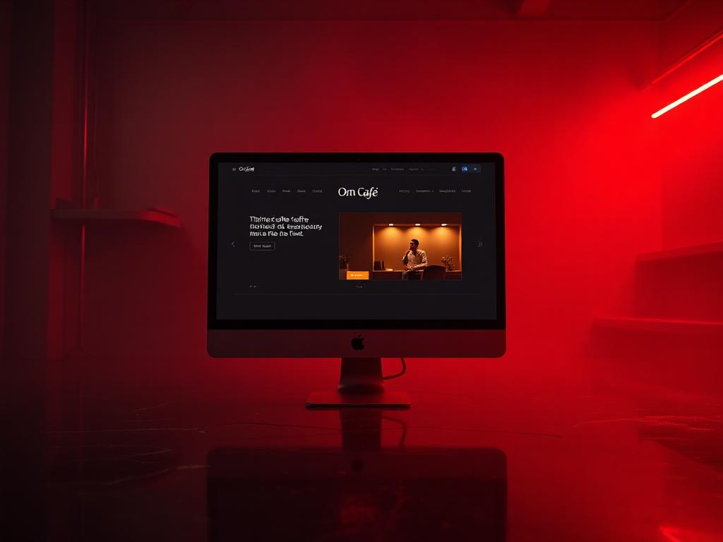 Web de Om Café en una sala con neón rojo